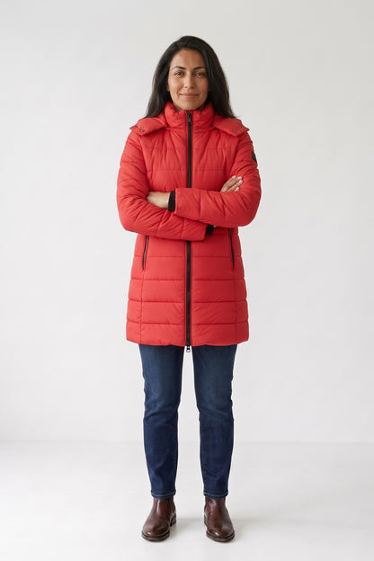 Women's Longline Puffer Coat | Hooded — Red — front view — on model