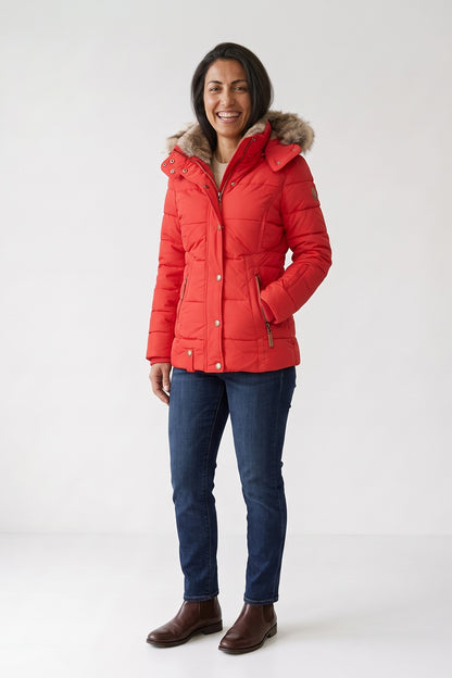Women's Puffer Jacket | Fur-Trimmed Hood — Red — front view — on model