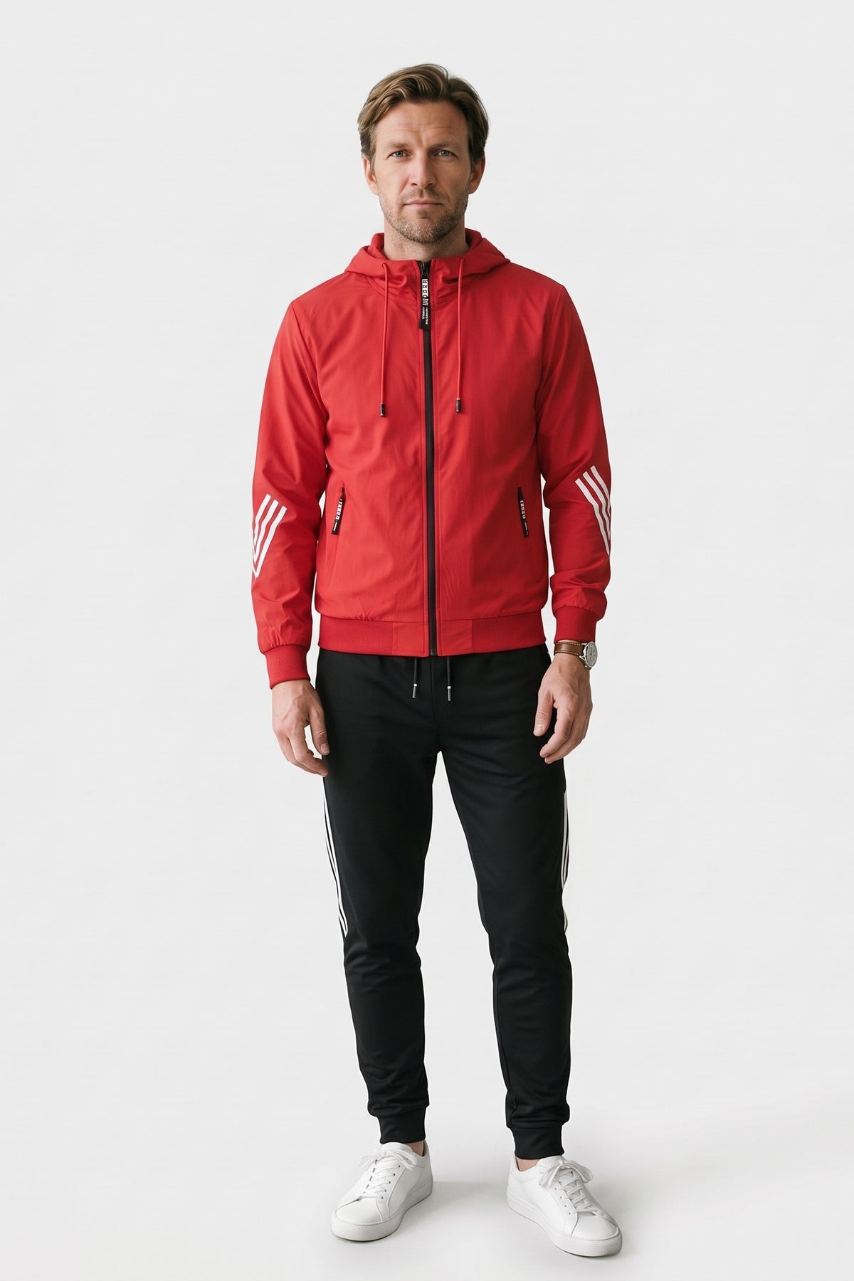 Men's Zip-Up Tracksuit Set | Striped Trim — Red — front view — on model