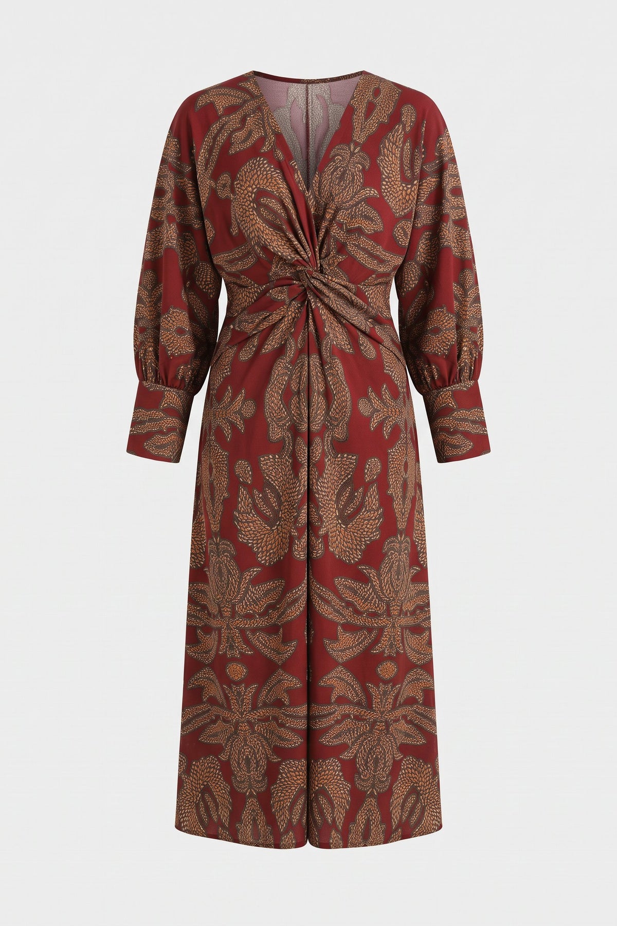 Women's Fall Wedding Guest Dress | Long Sleeve Twist Midi — Red — packshot