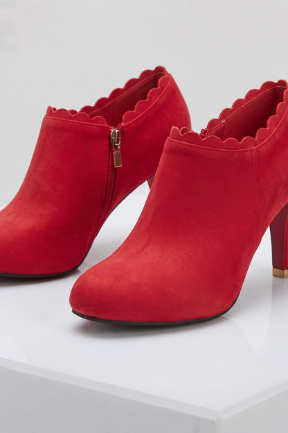 Women's Scalloped Ankle Boots | Zip Side — Red — shoe_detail — on model