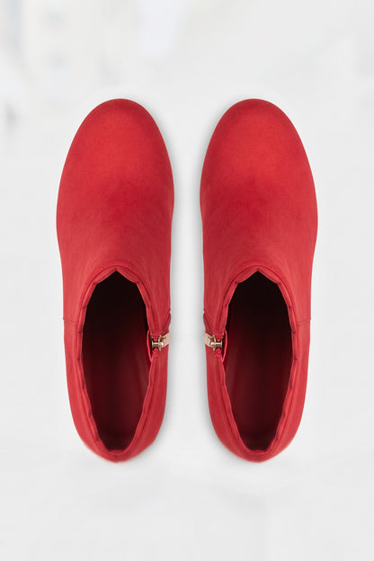 Women's Scalloped Ankle Boots | Zip Side — Red — shoe_top — on model