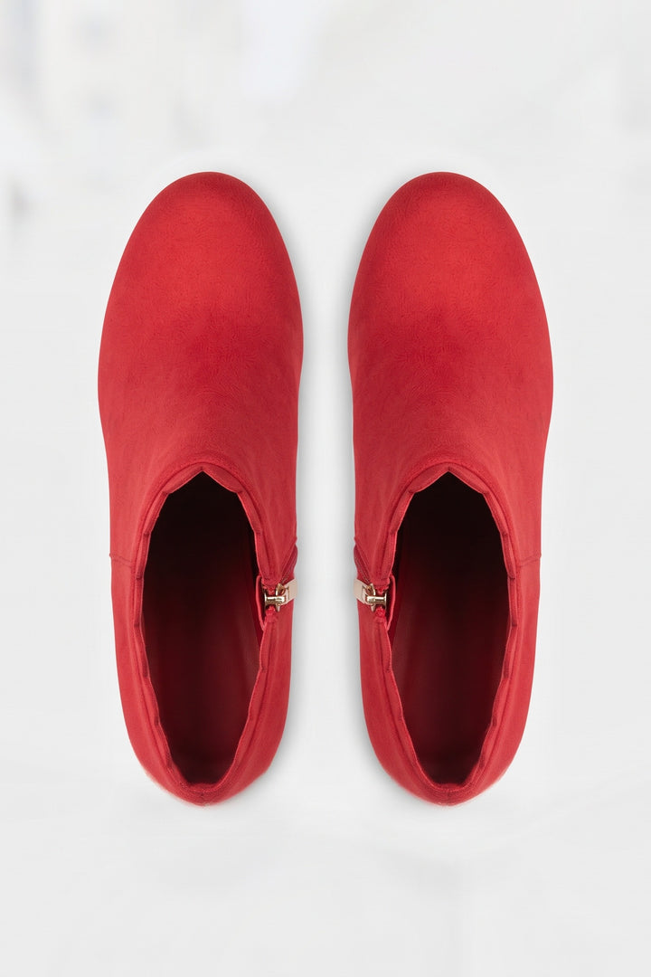 Women's Scalloped Ankle Boots | Zip Side — Red — shoe_top — on model