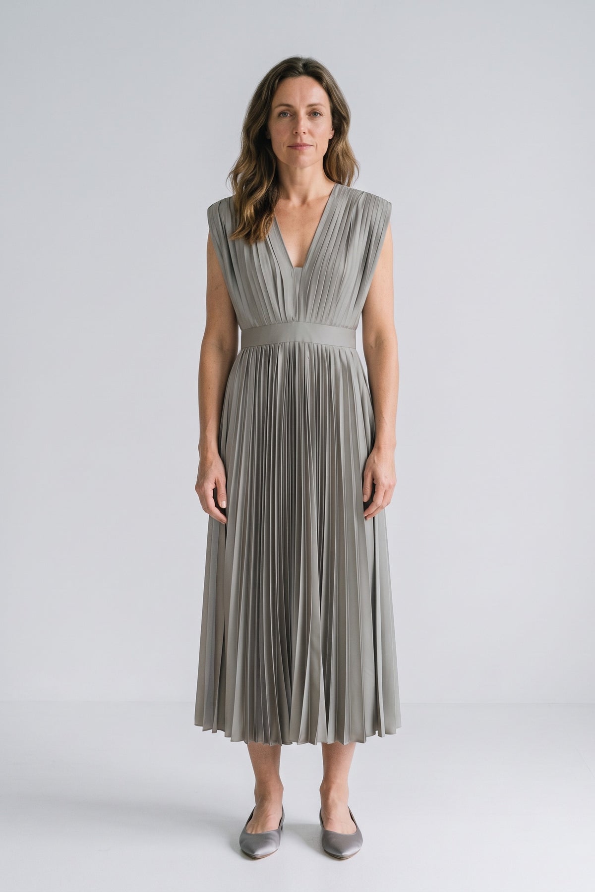 Women's Fall Wedding Guest Dress | Pleated V-Neck Midi — Sage — front view — on model