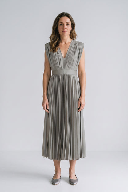 Women's Fall Wedding Guest Dress | Pleated V-Neck Midi — Sage — front view — on model