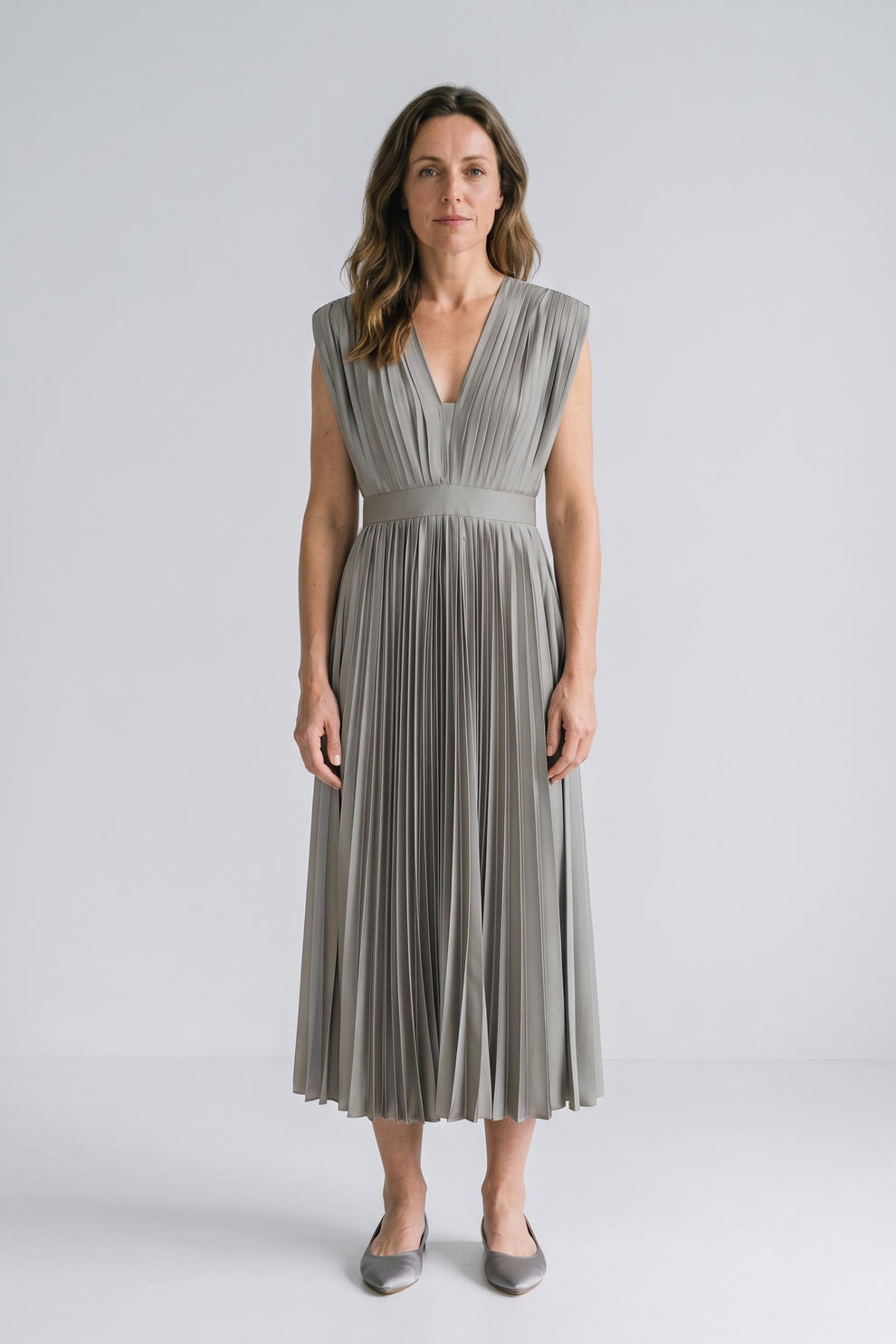 Women's Fall Wedding Guest Dress | Pleated V-Neck Midi — Sage — front view — on model