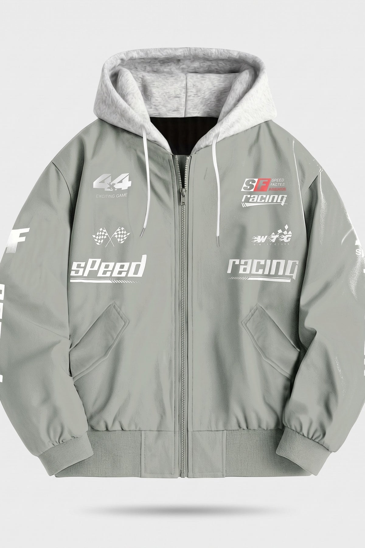 Men's hooded bomber jacket with racing graphic print and ribbed cuffs – Sage — packshot