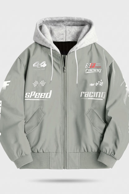 Men's hooded bomber jacket with racing graphic print and ribbed cuffs – Sage — packshot