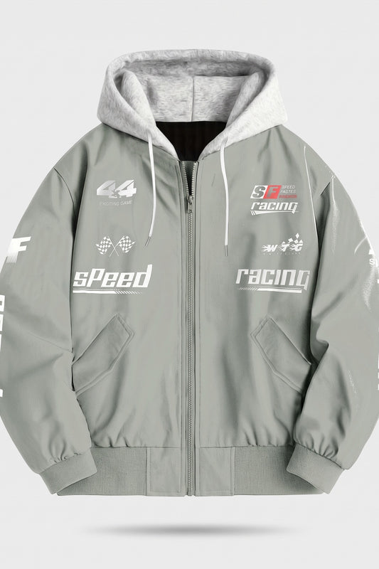 Men's hooded bomber jacket with racing graphic print and ribbed cuffs – Sage — packshot