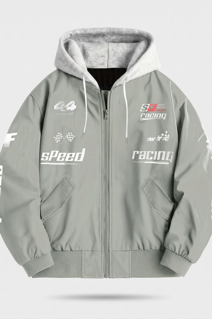 Men's hooded bomber jacket with racing graphic print and ribbed cuffs – Sage — packshot