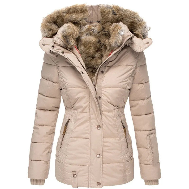 Women's puffer jacket with fur-trimmed hood and quilted paneling – 3