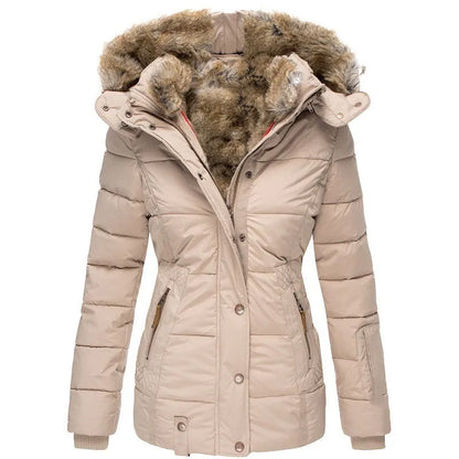 Women's puffer jacket with fur-trimmed hood and quilted paneling – 3