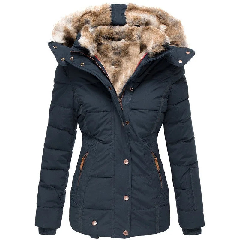 Women's puffer jacket with fur-trimmed hood and quilted paneling – 4