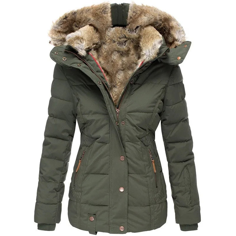 Women's puffer jacket with fur-trimmed hood and quilted paneling