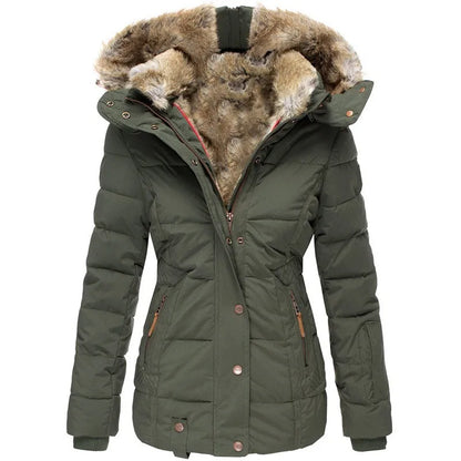 Women's puffer jacket with fur-trimmed hood and quilted paneling