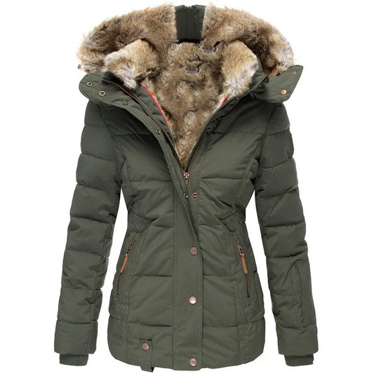 Women's puffer jacket with fur-trimmed hood and quilted paneling
