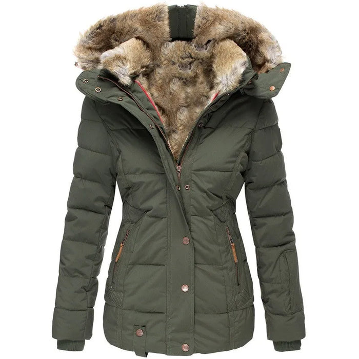 Women's puffer jacket with fur-trimmed hood and quilted paneling