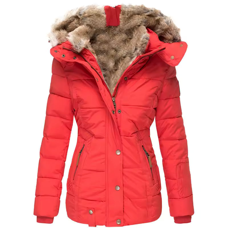 Women's puffer jacket with fur-trimmed hood and quilted paneling – 6