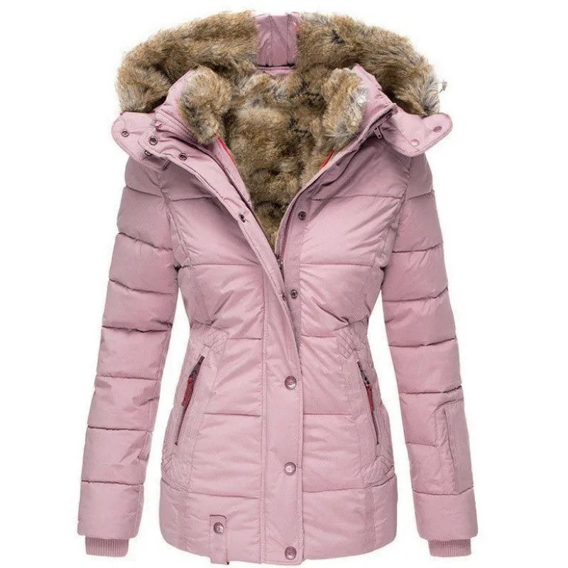 Women's puffer jacket with fur-trimmed hood and quilted paneling – 5