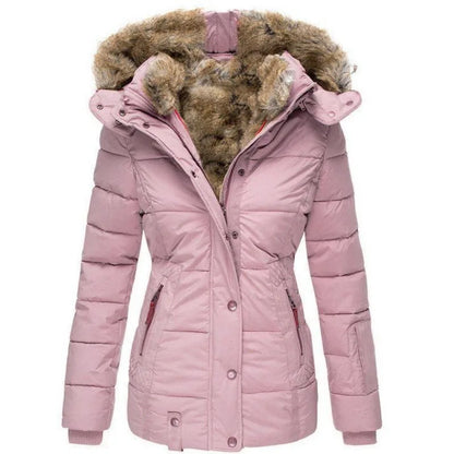 Women's puffer jacket with fur-trimmed hood and quilted paneling – 5