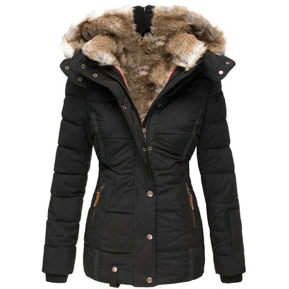 Women's puffer jacket with fur-trimmed hood and quilted paneling – 2