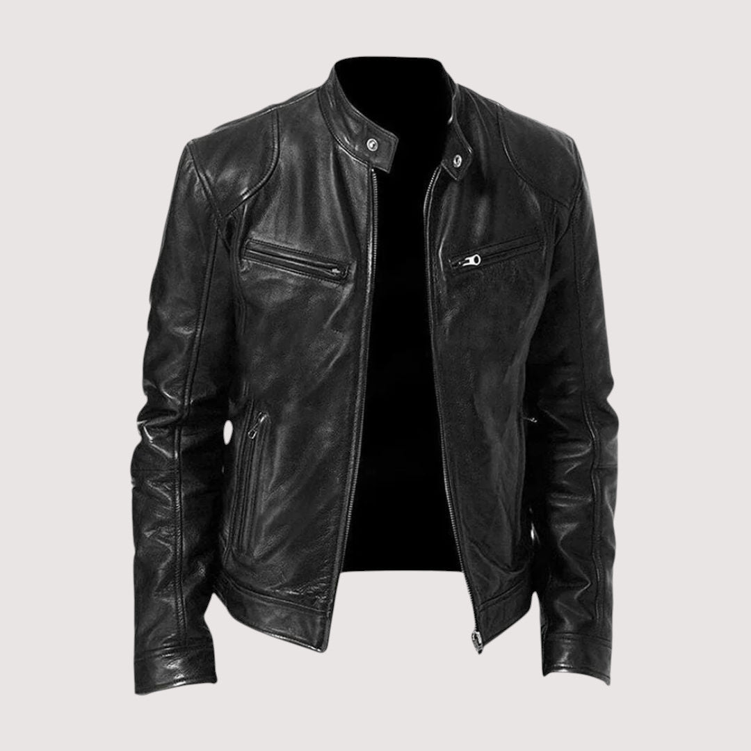 Men's moto jacket with stand-up collar and zippered chest pockets
