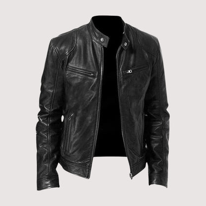 Men's moto jacket with stand-up collar and zippered chest pockets