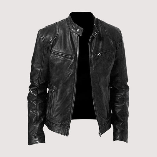 Men's moto jacket with stand-up collar and zippered chest pockets