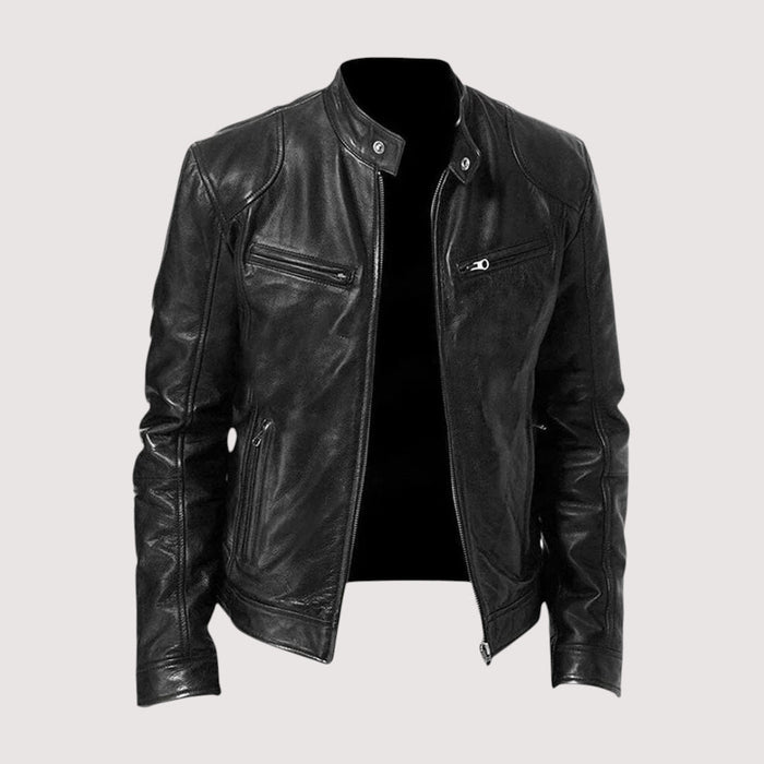Men's moto jacket with stand-up collar and zippered chest pockets