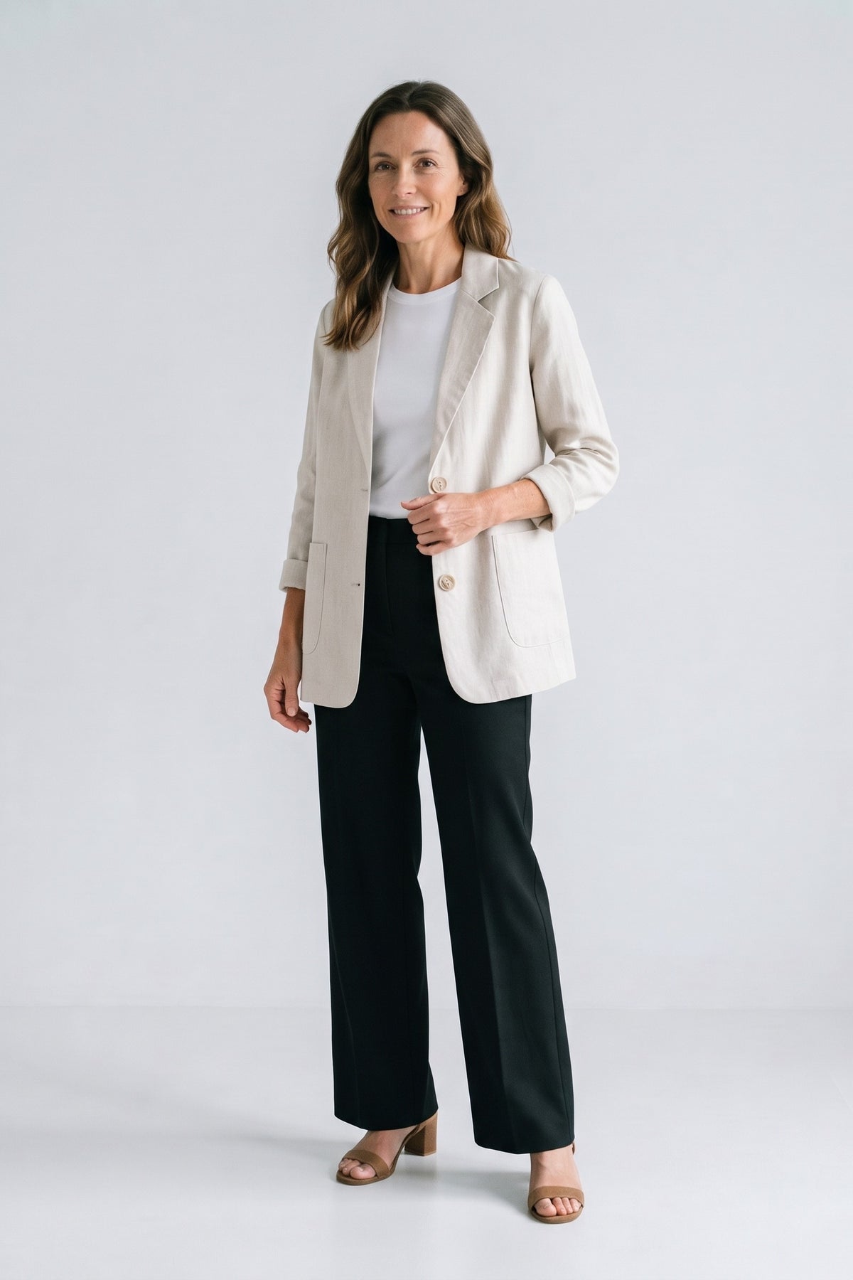 Women's Notched Lapel Blazer | Curved Hem — White — front view — on model