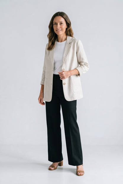 Women's Notched Lapel Blazer | Curved Hem — White — front view — on model