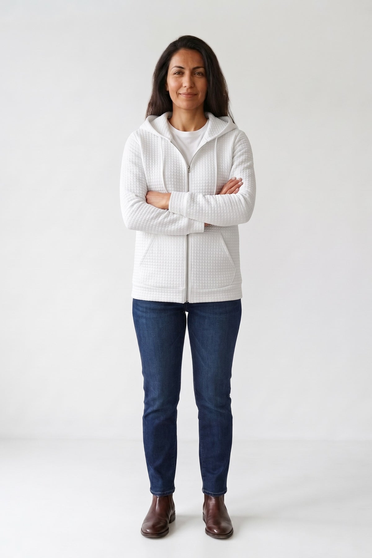 Women's Zip-Up Jacket | Hooded — White — front view — on model