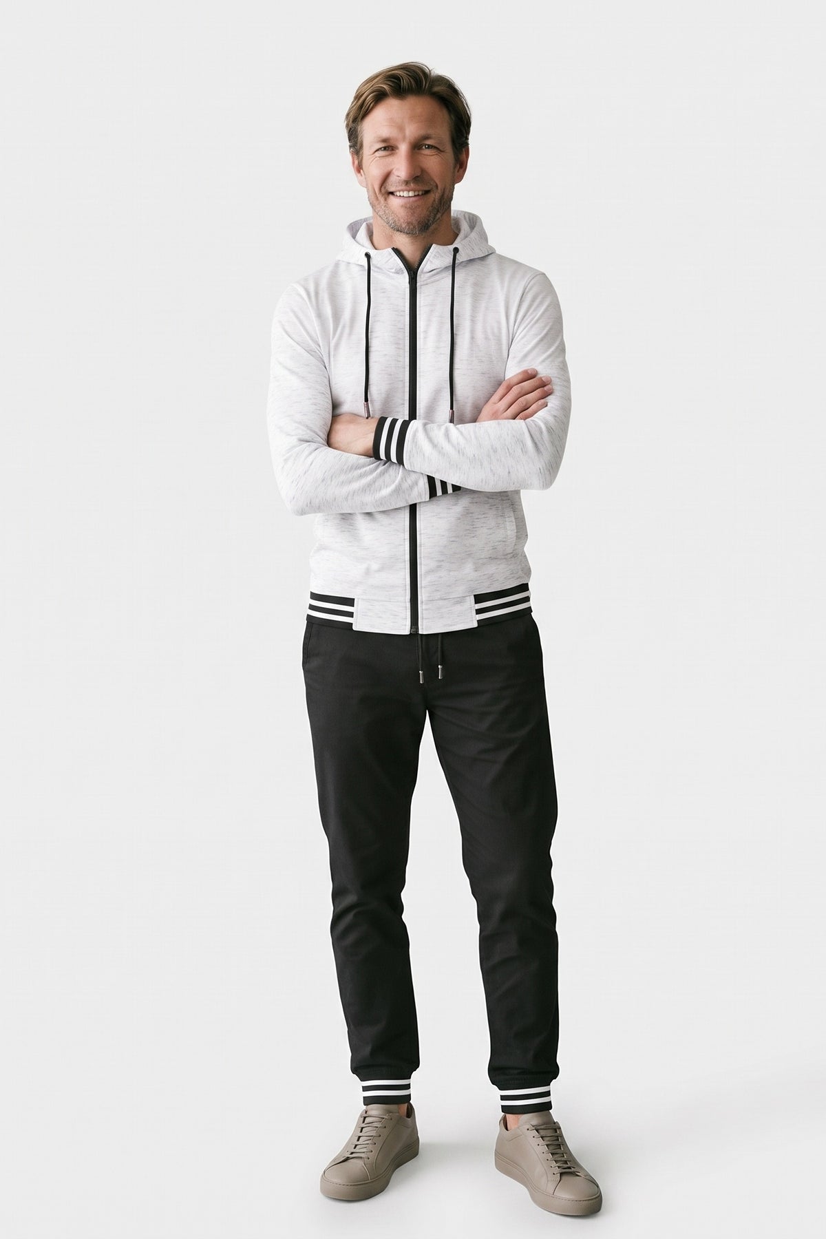 Men's Zip-Up Tracksuit Set | Striped Trim — White — front view — on model