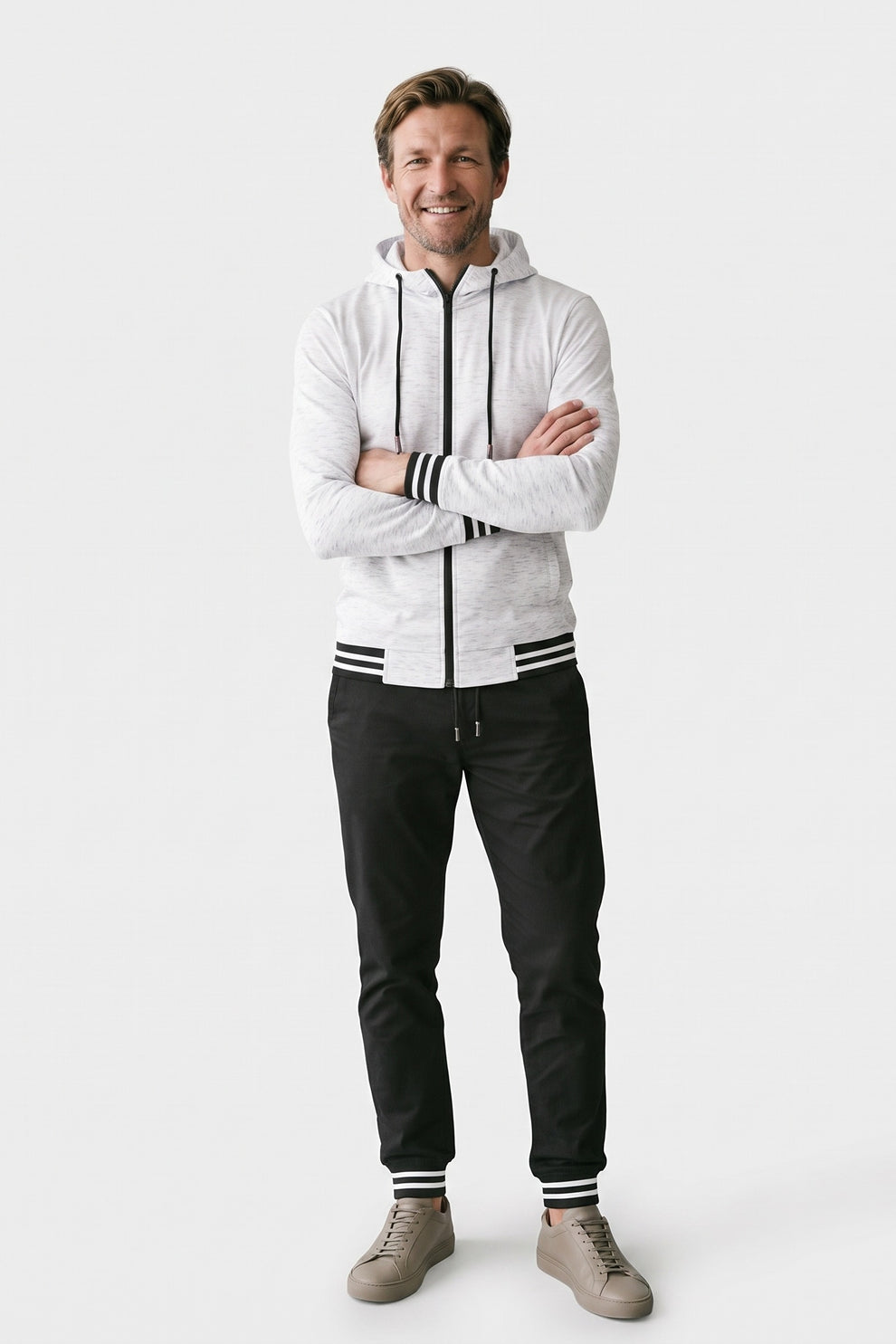 Men's Zip-Up Tracksuit Set | Striped Trim — White — front view — on model