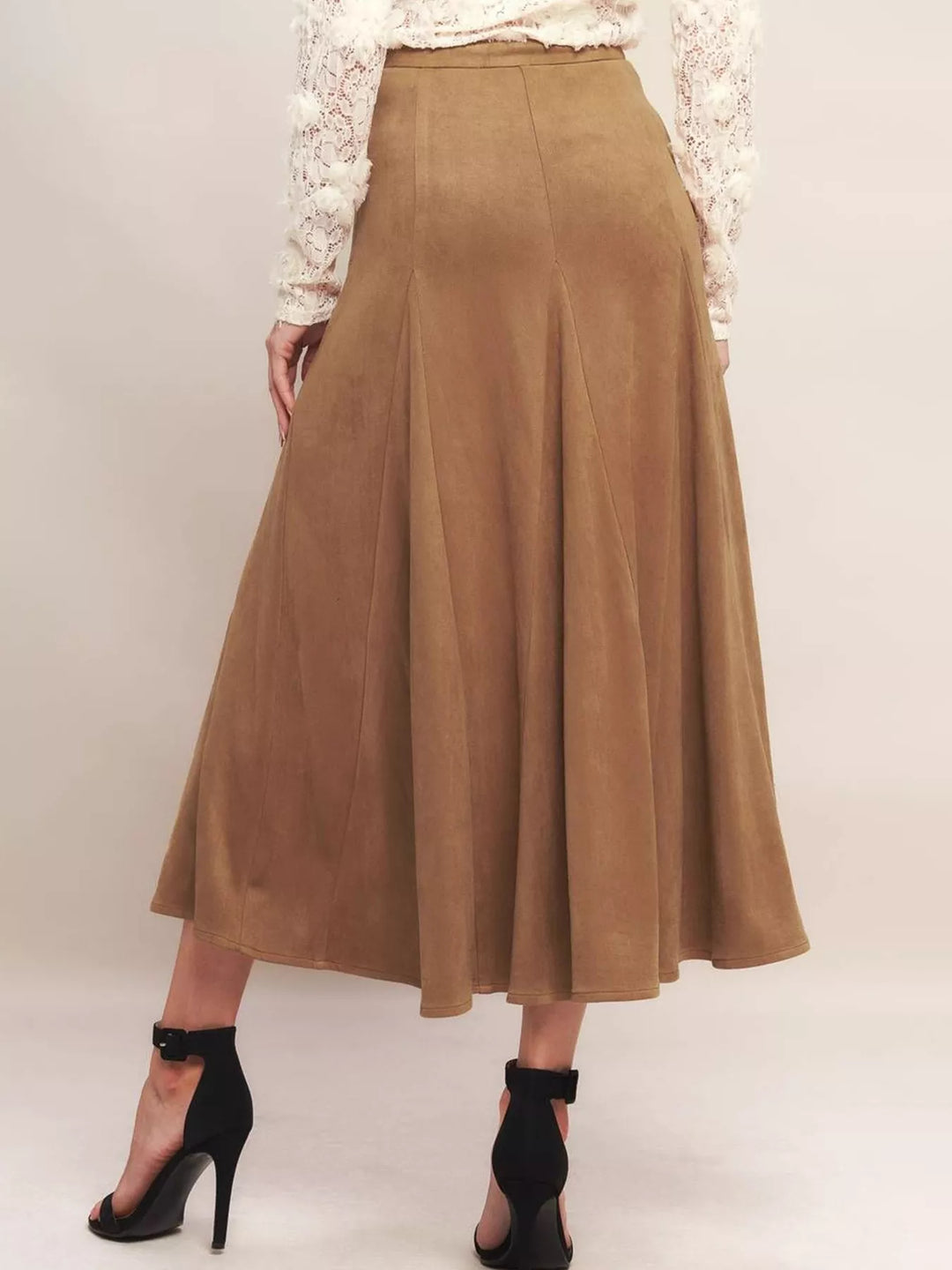Back view of the camel high waisted flared midi skirt