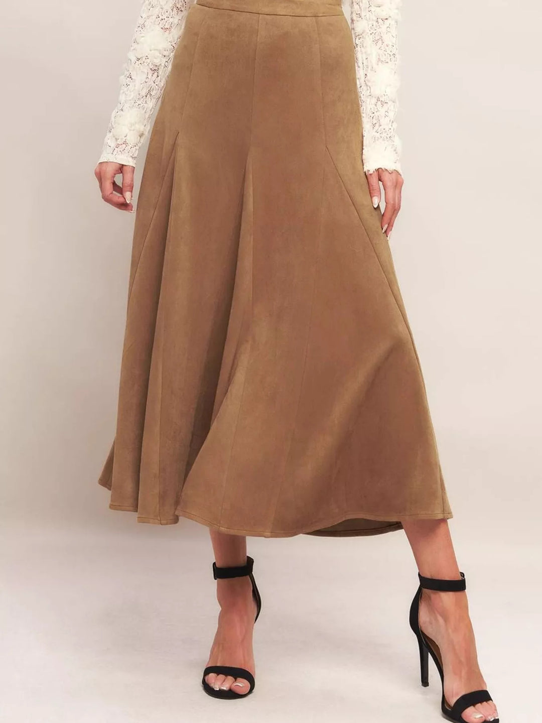 Women's camel A line midi skirt with high waist and flared hem, front view