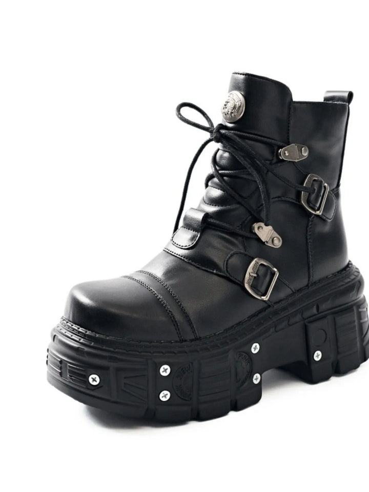 Black lace up buckle platform boot, three quarter front view