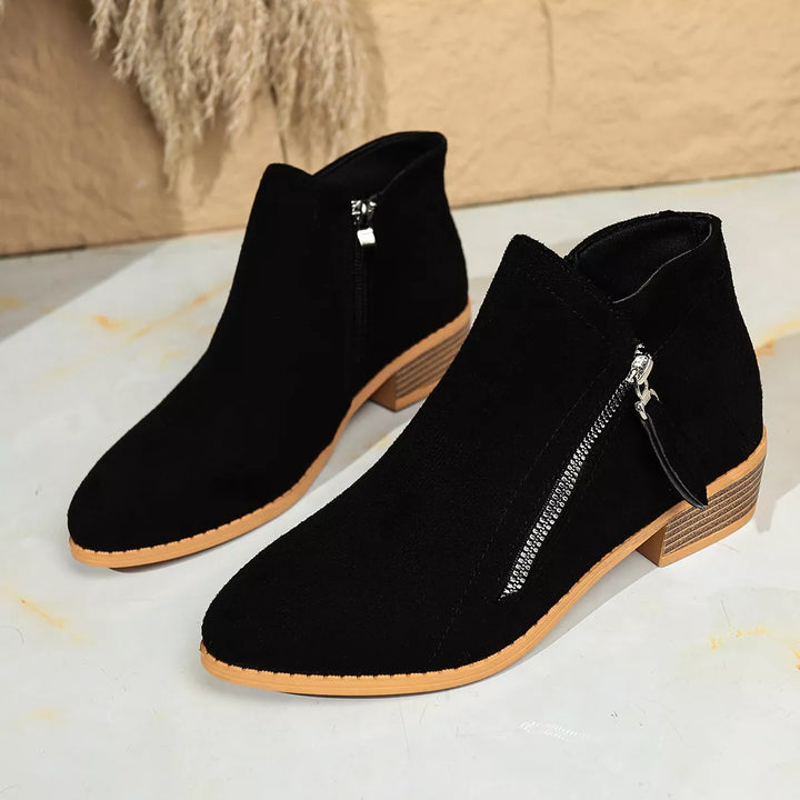 Pair of black ankle boots with block heel and zipper detail