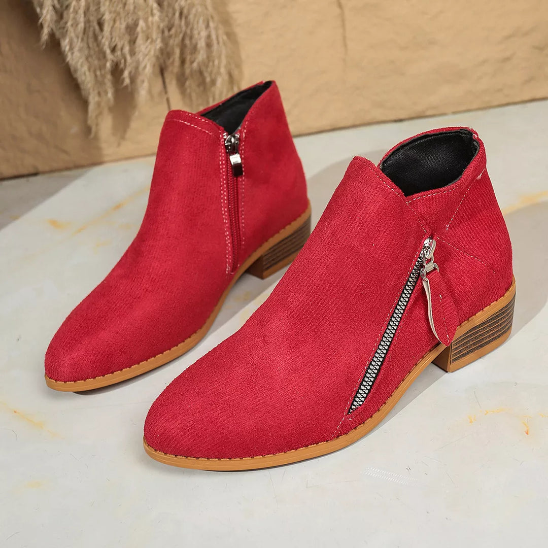 Pair of red ankle boots showing the diagonal side zipper