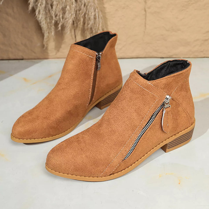 Pair of tan ankle boots with stacked heel and zip closure