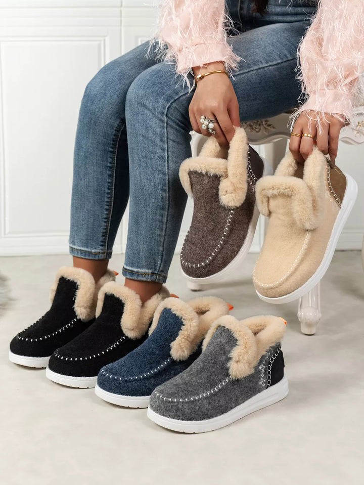 Women's studded ankle boots with fur-look cuff in black, navy, gray and beige