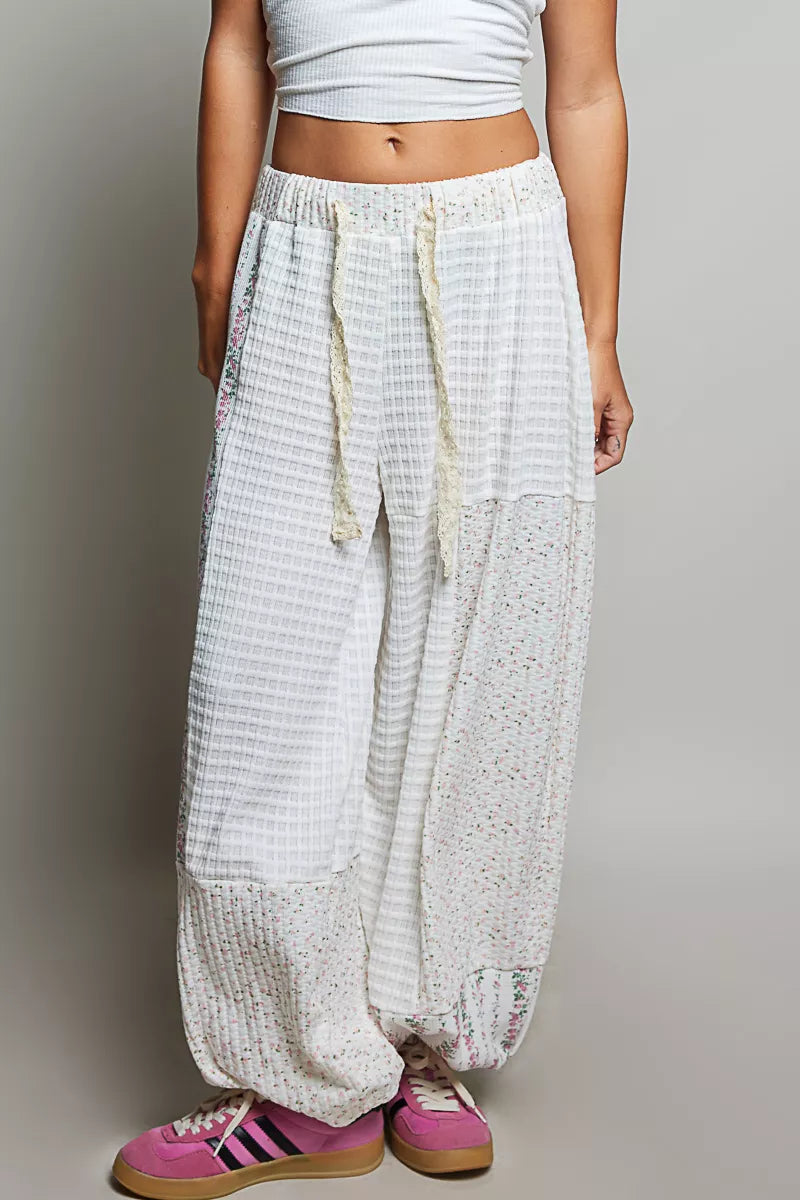 Women's balloon pants in ivory, wide leg drawstring patchwork waffle knit, front view