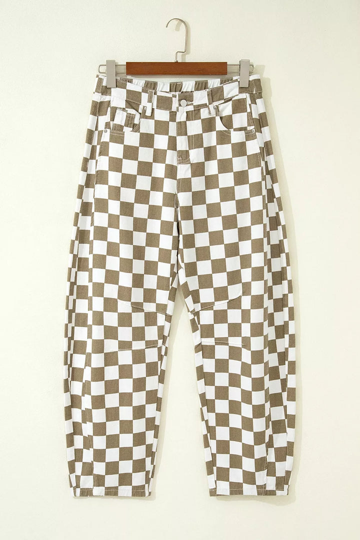 Khaki checkerboard barrel leg pants on a hanger, front view