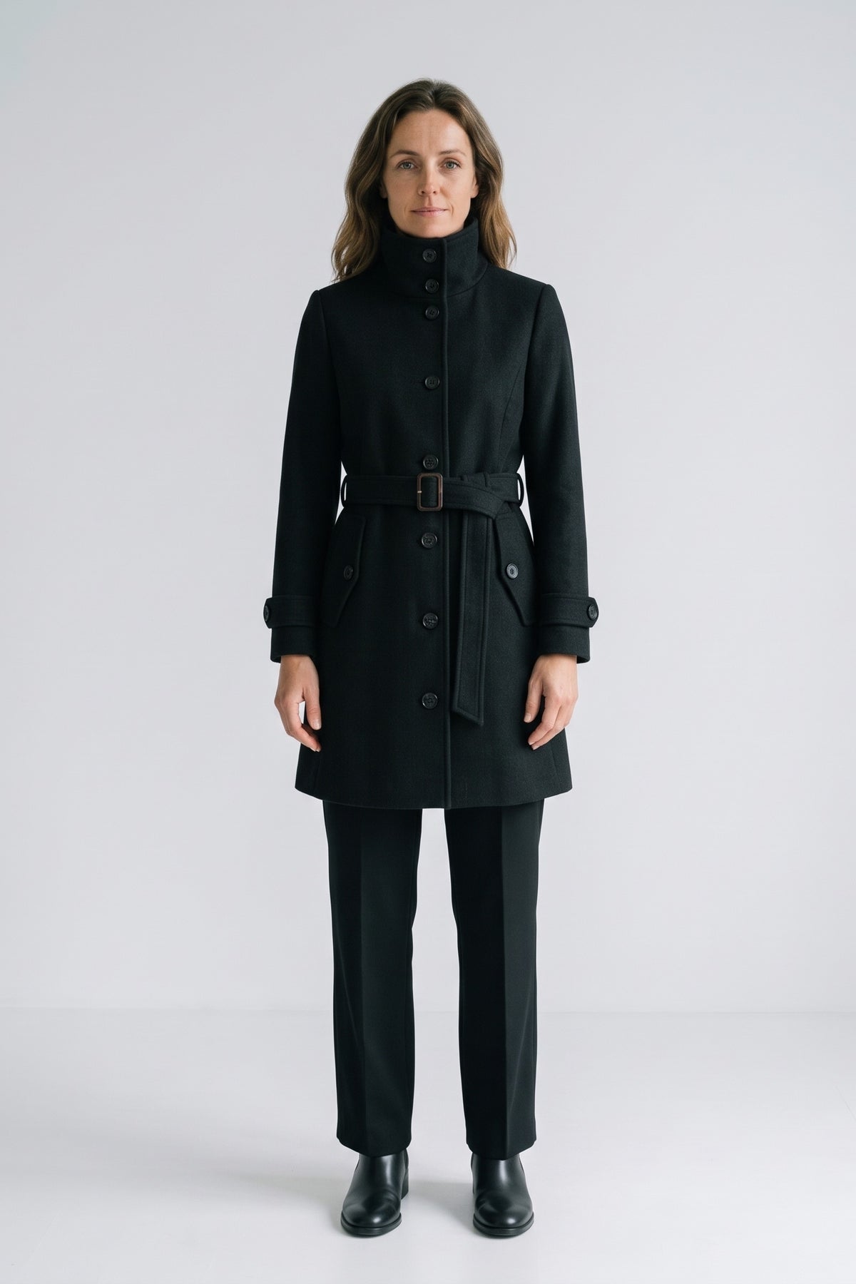 Women's Belted A-Line Coat | Notch Collar — Black — front view — on model