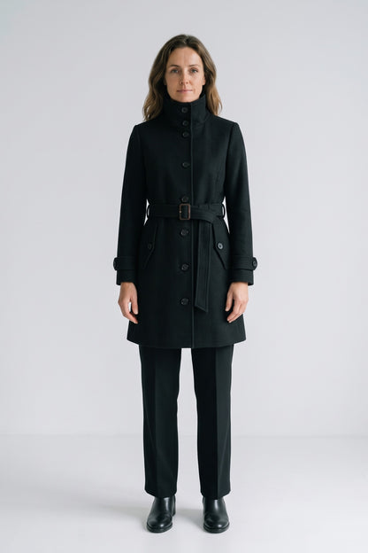 Women's Belted A-Line Coat | Notch Collar — Black — front view — on model