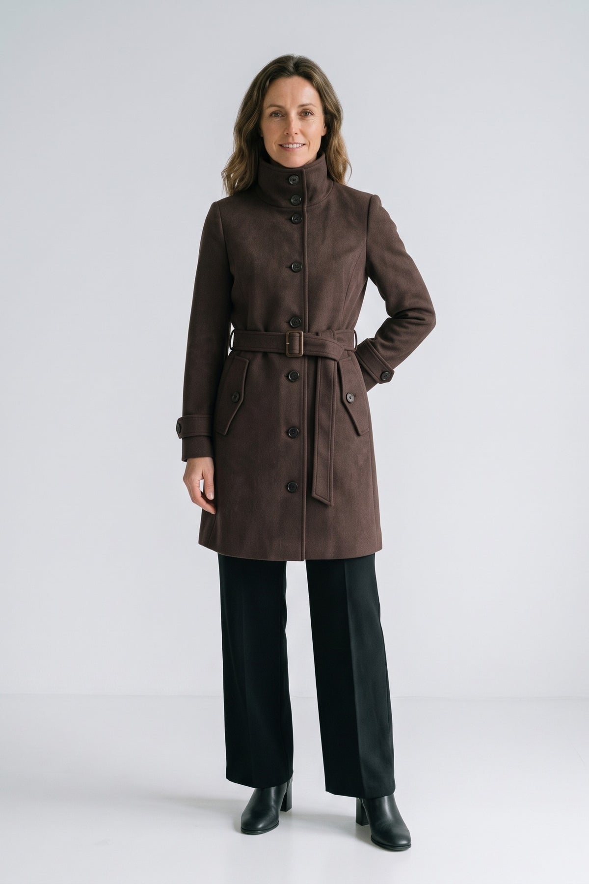 Women's Belted A-Line Coat | Notch Collar — Dark Brown — front view — on model