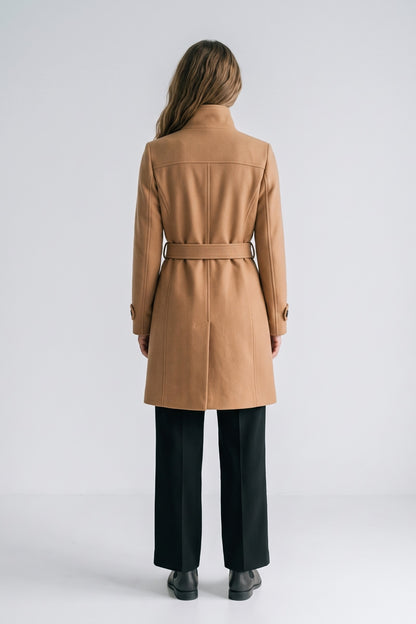 Women's Belted A-Line Coat | Notch Collar — Khaki — back view — on model