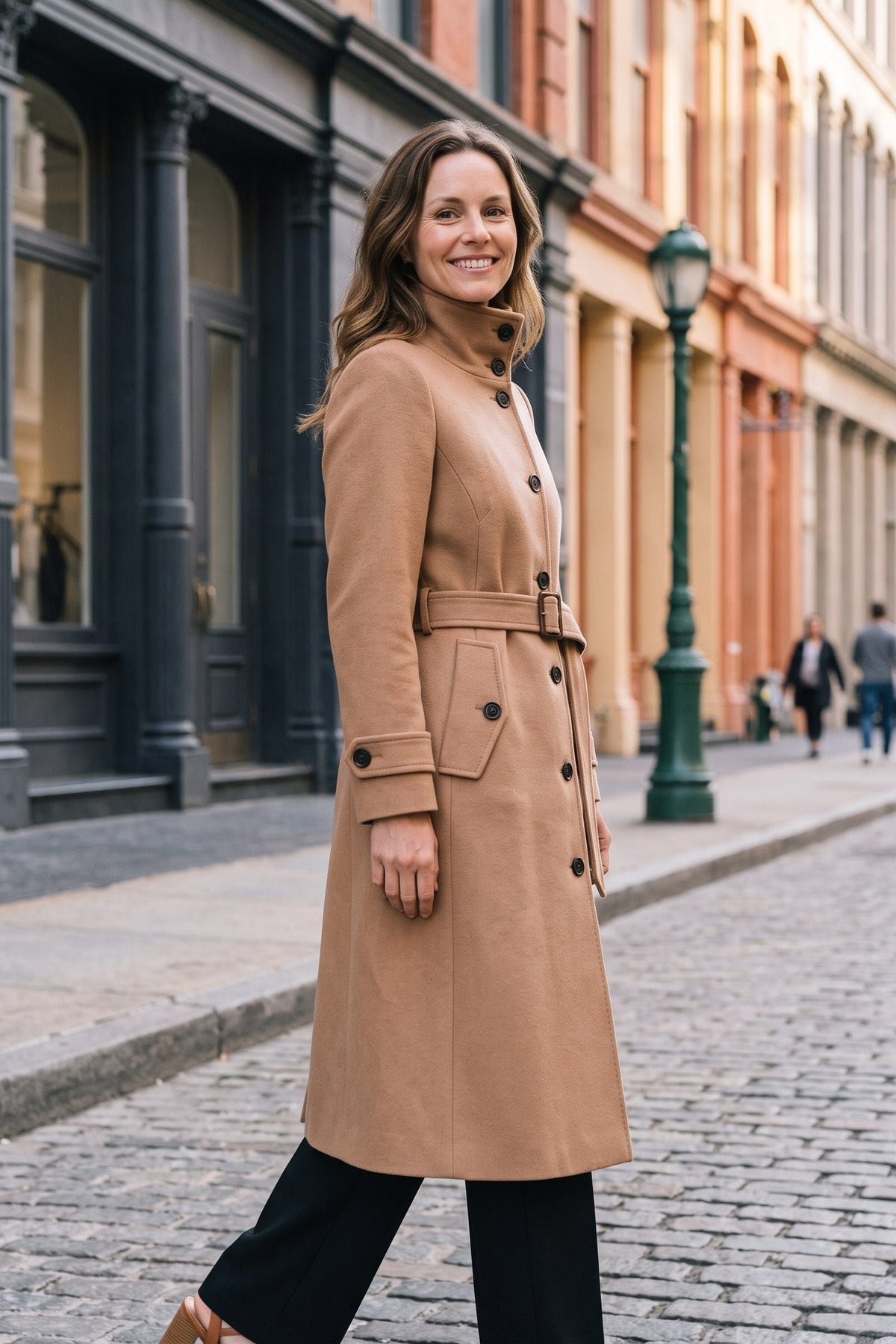 Women's Belted A-Line Coat | Notch Collar — Khaki — lifestyle — on model