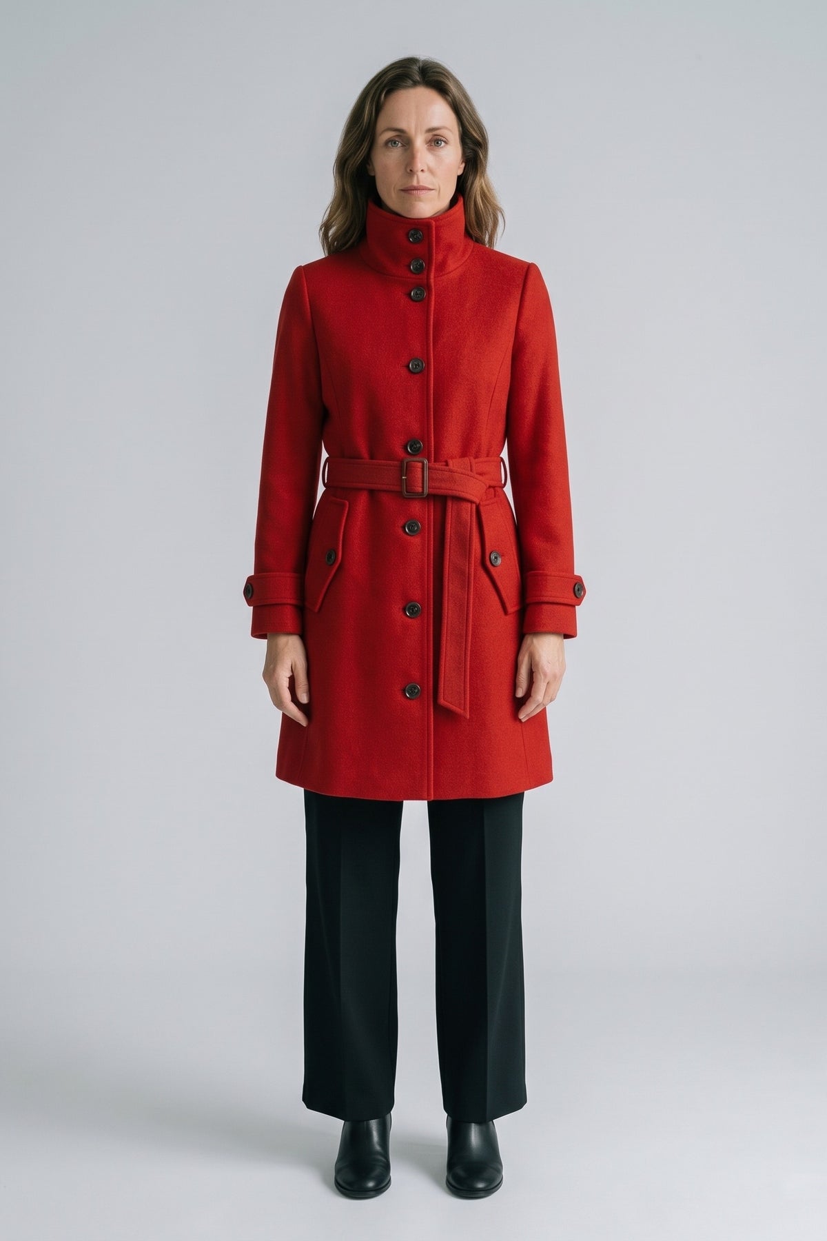 Women's Belted A-Line Coat | Notch Collar — Red — front view — on model