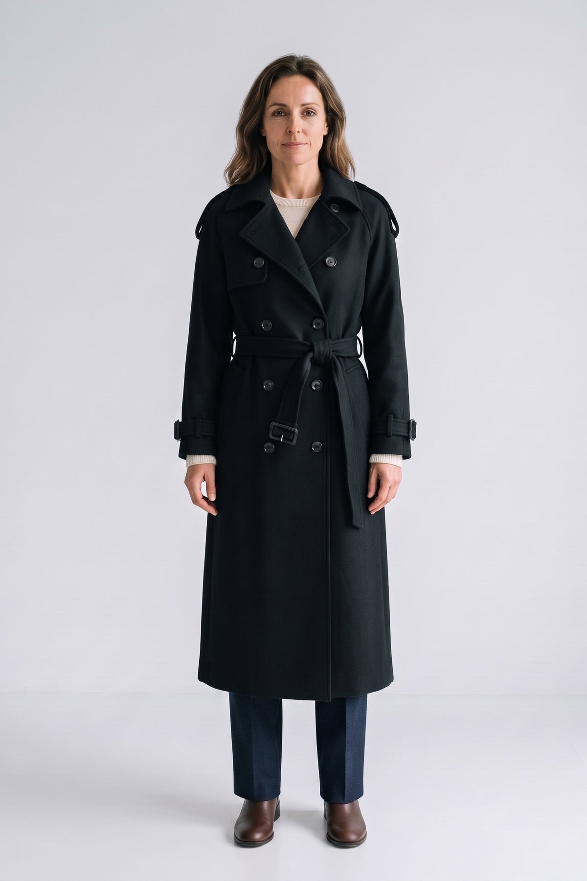 Women's Belted Trench Coat | Notched Lapel — Black — front view — on model